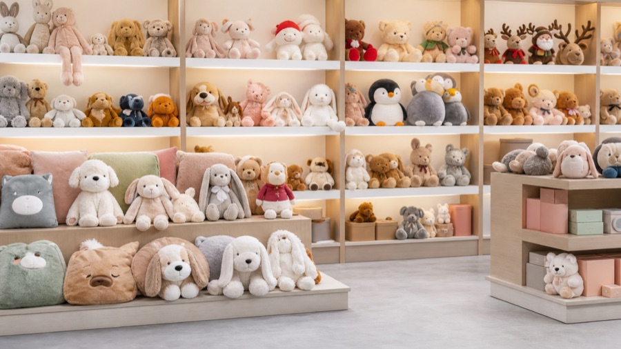 Plush toys soft dolls and stuffed animal showroom display