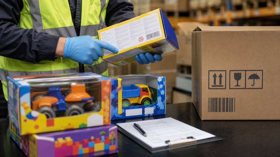 Toy packaging label barcode and carton mark inspection