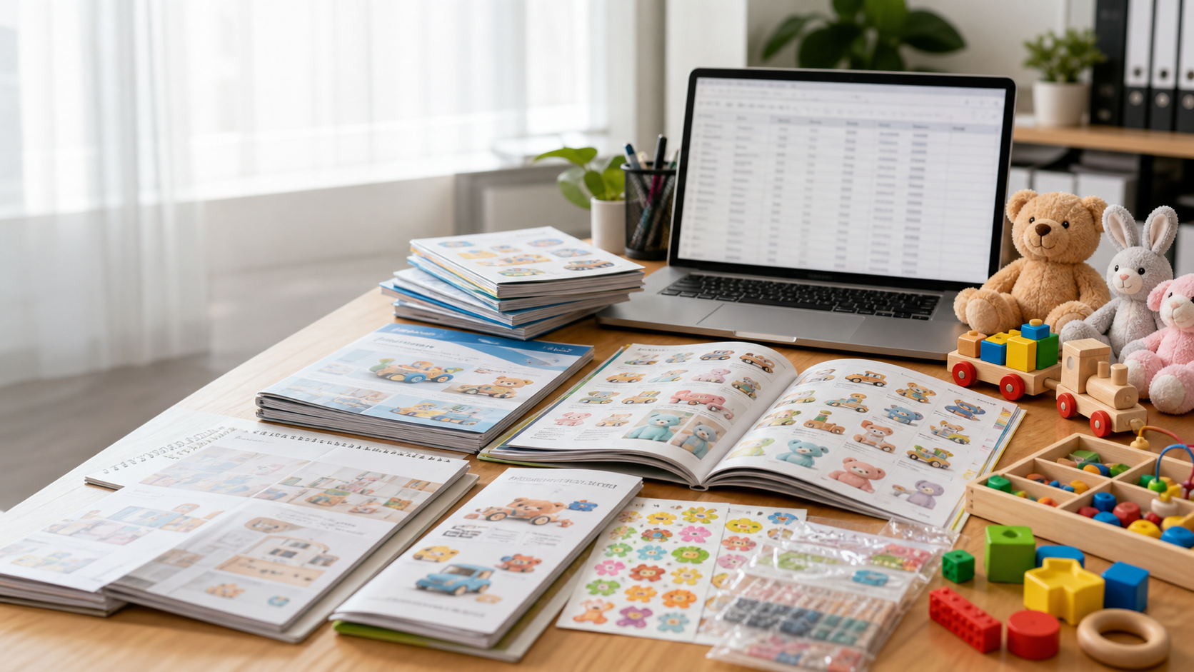 Catalog desk with stickers stationery and toy samples