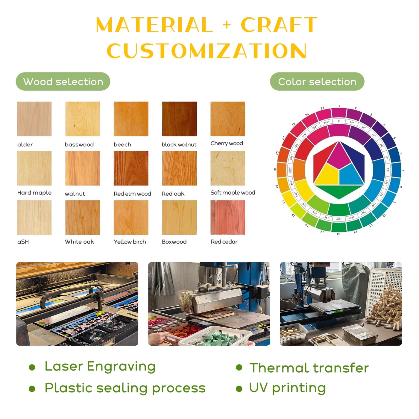 Wood types, color options, laser engraving, thermal transfer and UV printing examples