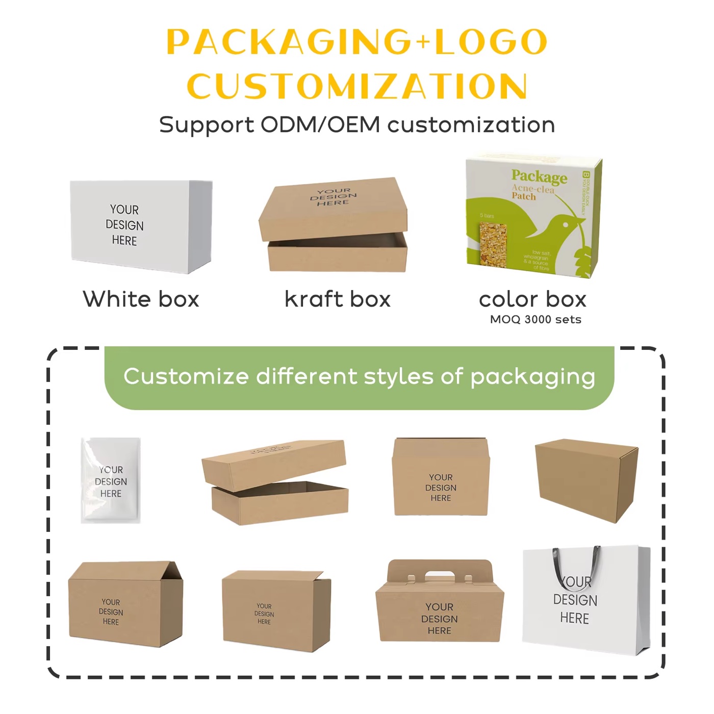 Custom toy packaging, logo, white box, kraft box and color box examples