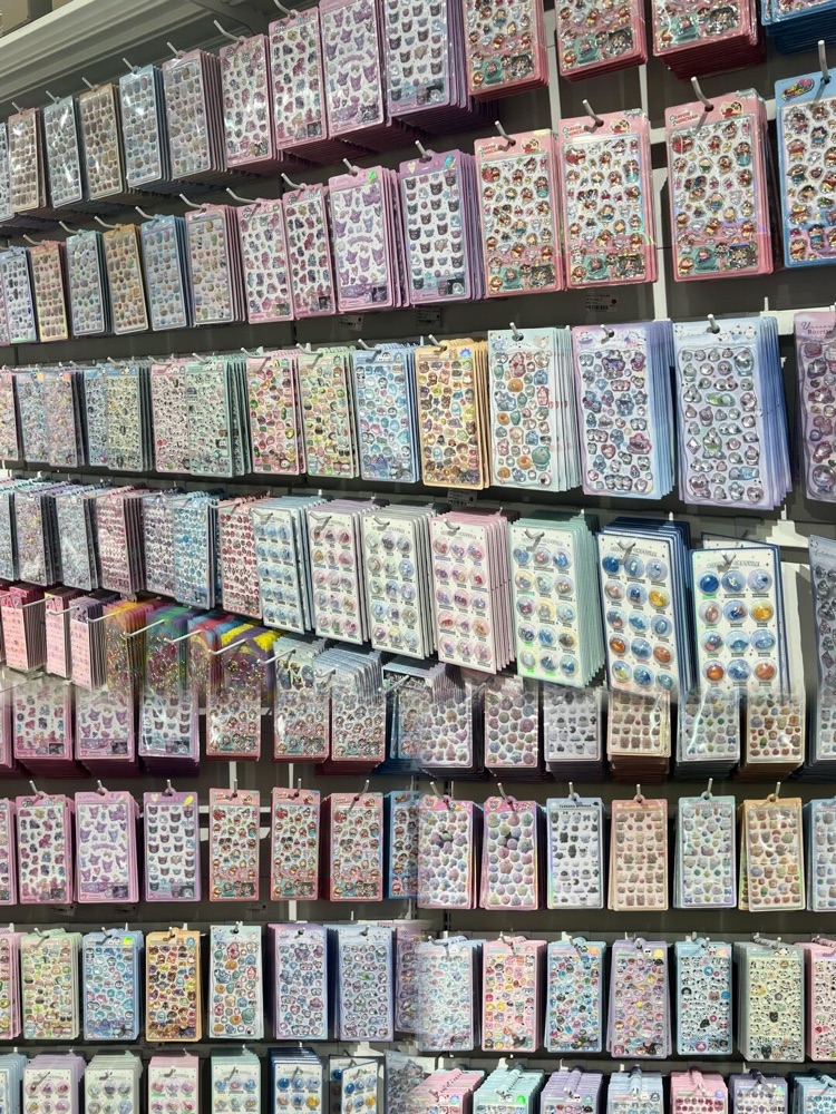Wall display of 3D puffy stickers, decorative stickers, and stationery products