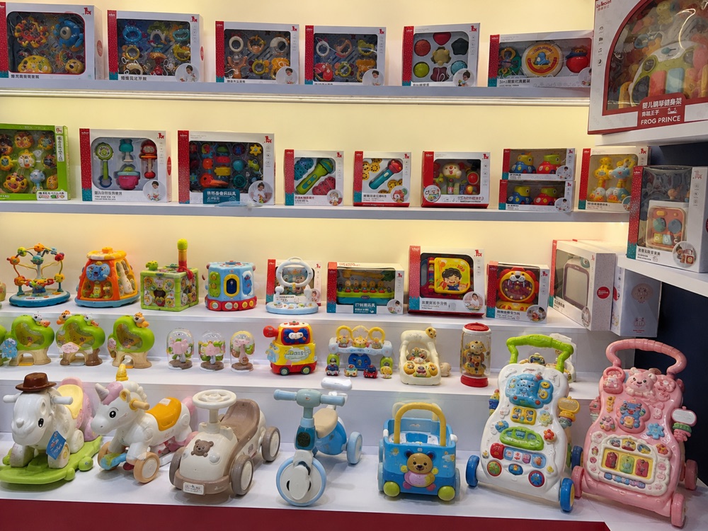Plastic baby activity toys, push toys, and sensory learning toys at a China toy showroom