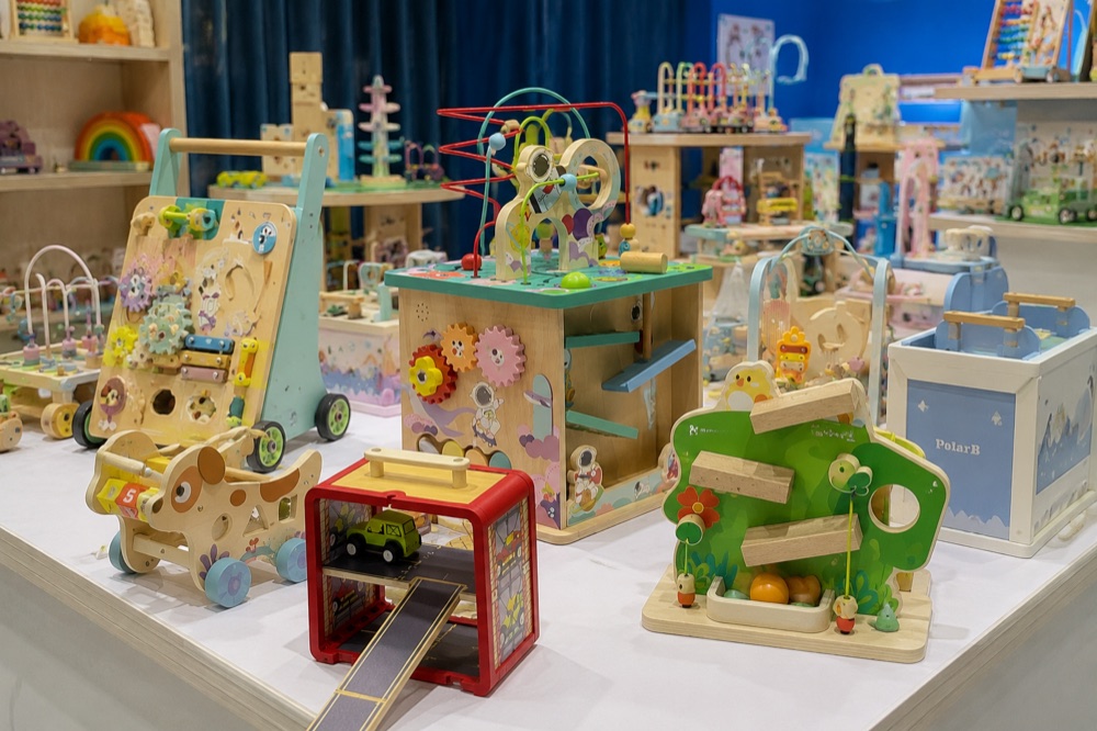 Wooden Montessori activity toys and educational play sets at a China toy showroom