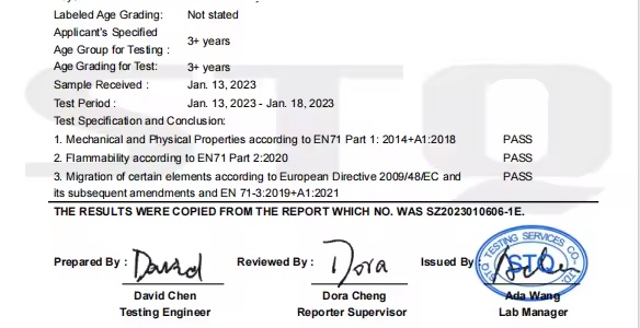 Excerpt showing EN71 toy test results marked pass