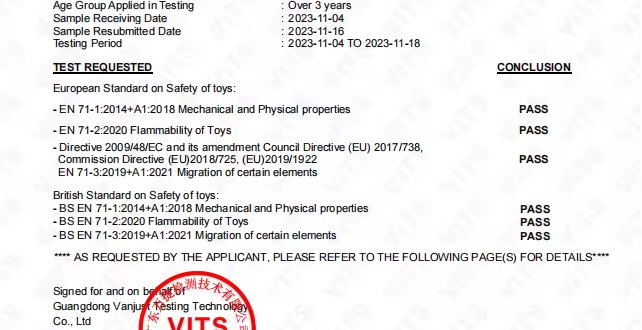 Excerpt showing European and British toy safety test results marked pass